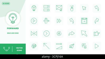 Perfectly balanced 24 Bold Line PIXEL perfect vector icons for Forward, sized at 128x128 for harmonious integration in digital design projects. Stock Vector