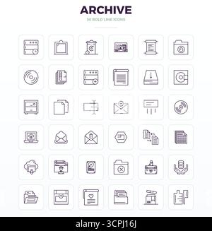 High-performance collection of 36 Strong Outline vector icons for Archive, engineered with 128x128 PIXEL perfect resolution for optimal user interface Stock Vector