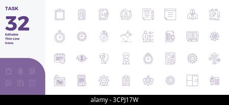 Collection of 32 Thin Line PIXEL perfect vector icons for Task, designed in 128x128 format for clarity and versatility. Stock Vector