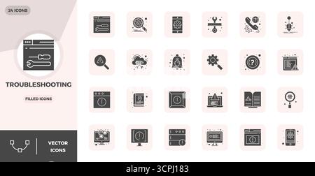 Sophisticated bundle of 24 Filled vector icons for Troubleshooting, engineered with 128x128 PIXEL perfect clarity for professional applications. Stock Vector