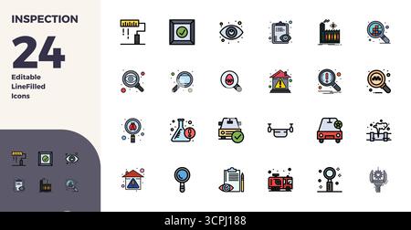 Revolutionary set of 24 PIXEL perfect vector icons inspired by Inspection, created in Duotone format at 128x128 resolution for cutting-edge design. Stock Vector