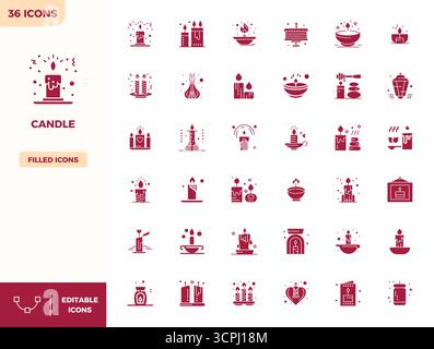 Ultimate collection of 36 vector icons representing Candle in Filled aesthetic, optimized with 128x128 PIXEL perfect resolution for maximum impact. Stock Vector