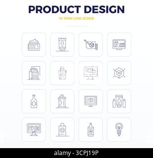 Ultimate collection of 16 vector icons representing Product Design in Thin Outline aesthetic, optimized with 128x128 PIXEL perfect resolution for maxi Stock Vector