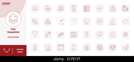 A clean collection of 32 Thin Line vector icons representing File Transfer, designed in 128x128 PIXEL perfect format for modern dashboards and interfa Stock Vector