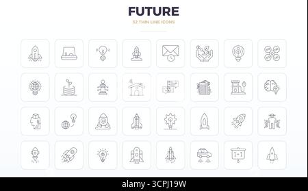 Innovative pack of 32 vector icons themed around Future, showcasing Thin Outline design in 128x128 PIXEL perfect format for modern digital solutions. Stock Vector