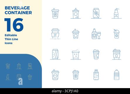 Transform your designs with 16 Thin Line vector icons themed around Beverage Container, engineered in 128x128 PIXEL perfect resolution for maximum cla Stock Vector