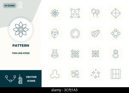 Complete package of 16 vector icons themed around Pattern, showcasing Thin Line design in 128x128 PIXEL perfect quality for modern interfaces. Stock Vector