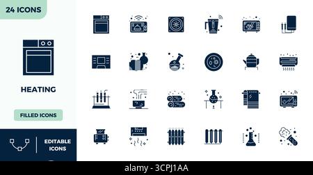 State-of-the-art bundle featuring 24 PIXEL perfect vector icons inspired by Heating, created in Filled format at 128x128 for next-generation interface Stock Vector