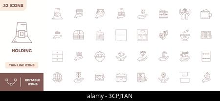 This collection features 32 Minimal Line PIXEL perfect vector icons tailored to the Holding theme, optimized in 128x128 format for digital design. Stock Vector