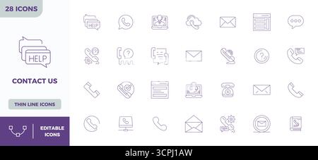 Meticulously crafted 28 Minimal Line vector icons for Contact Us, delivered in 128x128 PIXEL perfect quality for uncompromising design standards. Stock Vector