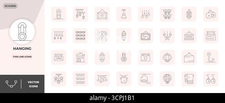 A clean collection of 32 Thin Line vector icons representing Hanging, designed in 128x128 PIXEL perfect format for modern dashboards and interfaces. Stock Vector