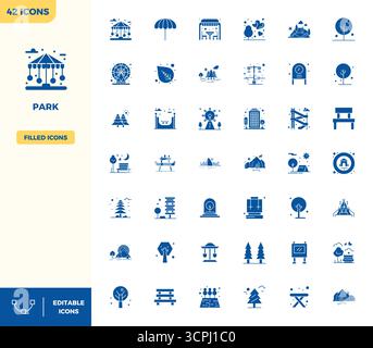 A versatile set of 42 Filled PIXEL perfect vector icons focused on Park, delivered in crisp 128x128 format ideal for mobile and web applications. Stock Vector