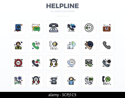 Contemporary collection of 24 vector icons representing Helpline in LineFill aesthetic, featuring 128x128 PIXEL perfect resolution for modern applicat Stock Vector