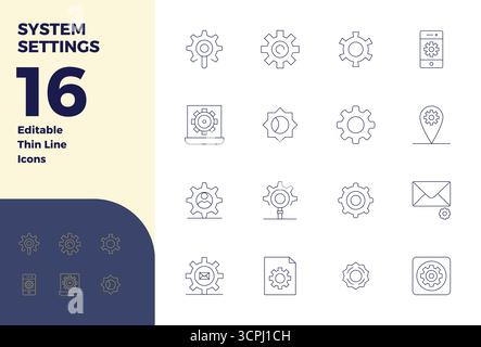 Discover a set of 16 Thin Line vector icons crafted for the System Settings theme, featuring 128x128 PIXEL perfect designs ideal for modern UI/UX proj Stock Vector