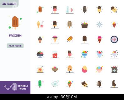 Comprehensive toolkit of 36 vector icons themed around Frozen, developed in Flat Color with 128x128 PIXEL perfect precision for versatile design appli Stock Vector