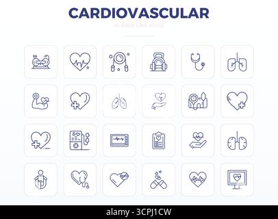 Thoughtfully designed 24 vector icons themed around Cardiovascular, crafted in Strong Outline with 128x128 PIXEL perfect precision for contemporary de Stock Vector