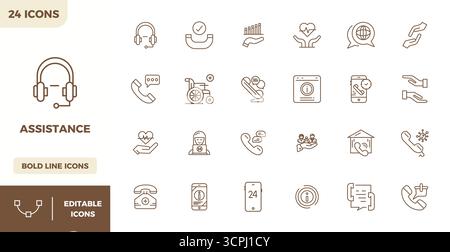 Meticulously crafted 24 Heavy Line vector icons for Assistance, delivered in 128x128 PIXEL perfect quality for uncompromising design standards. Stock Vector