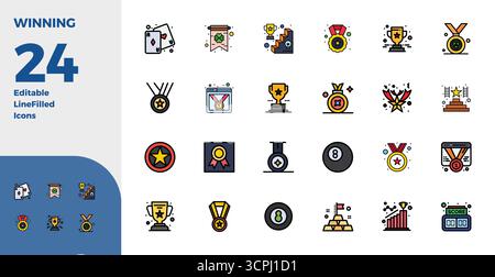 This collection features 24 Duotone PIXEL perfect vector icons tailored to the Winning theme, optimized in 128x128 format for digital design. Stock Vector