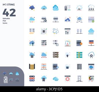 Essential pack of 42 PIXEL perfect vector icons for Hosting in Flat format, sized at 128x128 for optimal performance and scalability. Stock Vector