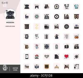 Refined bundle featuring 42 LineFilled vector icons for Modern, optimized with 128x128 PIXEL perfect quality for elegant and functional design solutio Stock Vector