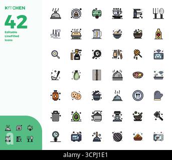 Complete package of 42 vector icons themed around Kitchen, showcasing Duotone design in 128x128 PIXEL perfect quality for modern interfaces. Stock Vector
