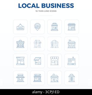Expertly designed 16 Thin Outline PIXEL perfect vector icons for Local Business, engineered at 128x128 resolution for flawless integration and perform Stock Vector