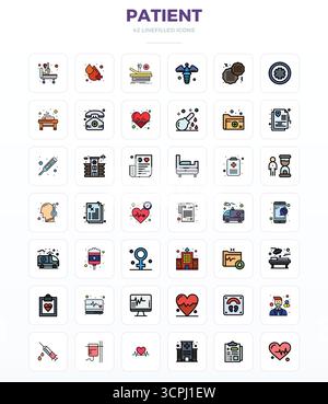 Essential pack of 42 PIXEL perfect vector icons for Patient in LineFill format, sized at 128x128 for optimal performance and scalability. Stock Vector