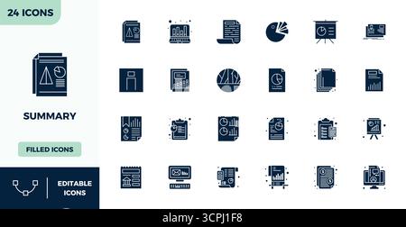 Contemporary collection of 24 vector icons representing Summary in Filled aesthetic, featuring 128x128 PIXEL perfect resolution for modern application Stock Vector