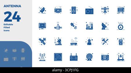 A versatile set of 24 Glyph Filled PIXEL perfect vector icons focused on Antenna, delivered in crisp 128x128 format ideal for mobile and web applicati Stock Vector
