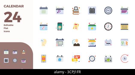 Masterfully created 24 vector icons representing Calendar in Flat design, featuring 128x128 PIXEL perfect resolution for exceptional visual quality. Stock Vector