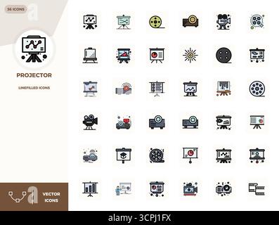 Professionally designed 36 vector icons in LineFilled, capturing the essence of Projector with 128x128 PIXEL perfect precision for UI design. Stock Vector