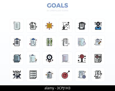 Professional-grade collection of 24 LineFill vector icons representing Goals, crafted with 128x128 PIXEL perfect precision for enterprise applications Stock Vector