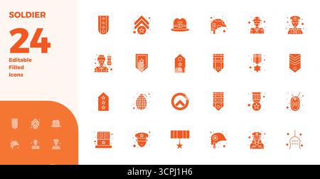 Future-ready pack of 24 vector icons themed around Soldier, showcasing Glyph Filled design with 128x128 PIXEL perfect clarity for innovative user inte Stock Vector