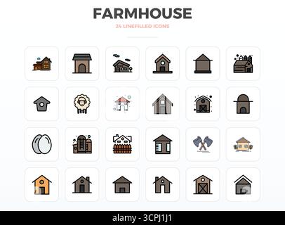Precision-engineered 24 LineFill vector icons for Farmhouse, designed at 128x128 PIXEL perfect resolution for exceptional clarity and scalability. Stock Vector