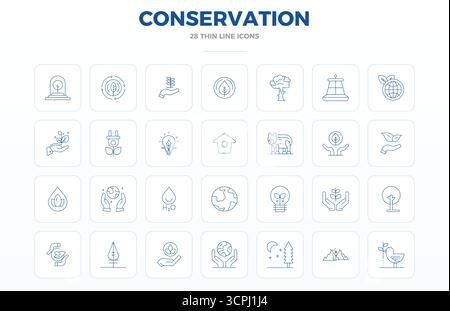 Comprehensive bundle featuring 28 vector icons in Thin Outline design for Conservation, delivered in crisp 128x128 PIXEL perfect quality. Stock Vector