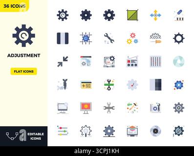 Advanced collection of 36 PIXEL perfect vector icons inspired by Adjustment, crafted in Flat Color with 128x128 optimization for superior visual perfo Stock Vector