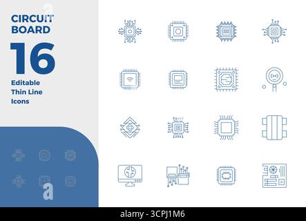Expertly designed 16 Thin Line PIXEL perfect vector icons for Circuit Board, engineered at 128x128 resolution for flawless integration and performance Stock Vector