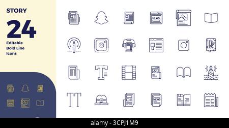 Streamlined set of 24 vector icons for Story in Bold Line aesthetic, featuring 128x128 PIXEL perfect resolution for seamless user experiences. Stock Vector