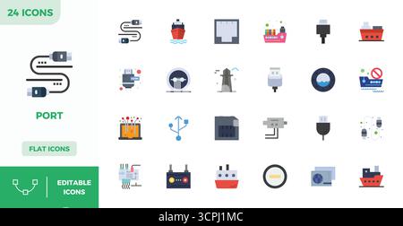 Industry-leading pack of 24 Flat Color PIXEL perfect vector icons for Port, sized at 128x128 for optimal rendering and user interface excellence. Stock Vector