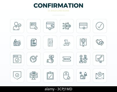 Strategic bundle featuring 24 vector icons representing Confirmation in Strong Outline format, optimized with 128x128 PIXEL perfect quality for profes Stock Vector
