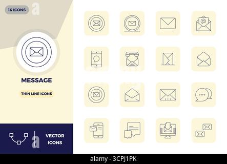 Industry-leading pack of 16 Thin Line PIXEL perfect vector icons for Message Icon, sized at 128x128 for optimal rendering and user interface excellenc Stock Vector