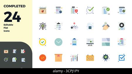 Beautifully rendered 24 Flat PIXEL perfect vector icons for Completed, created at 128x128 resolution for stunning visual consistency across platforms. Stock Vector