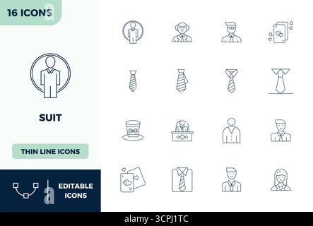 Professionally designed 16 vector icons in Minimal Line, capturing the essence of Suit with 128x128 PIXEL perfect precision for UI design. Stock Vector