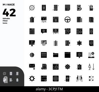 Ultimate collection of 42 vector icons representing Manage in Glyph Filled aesthetic, optimized with 128x128 PIXEL perfect resolution for maximum impa Stock Vector