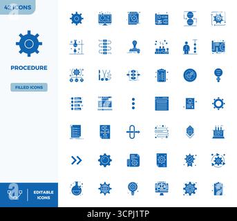 Professionally designed 42 vector icons in Filled, capturing the essence of Procedure with 128x128 PIXEL perfect precision for UI design. Stock Vector