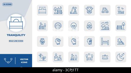 Expertly designed 24 Bold Line PIXEL perfect vector icons for Tranquility, engineered at 128x128 resolution for flawless integration and performance. Stock Vector