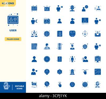 Exceptional collection of 42 Filled vector icons for User, delivered in 128x128 PIXEL perfect resolution for unparalleled visual excellence and usabil Stock Vector