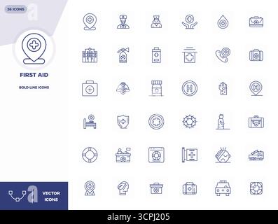 Handcrafted collection featuring 36 Bold Line vector icons for First Aid, optimized in 128x128 PIXEL perfect resolution for premium digital experience Stock Vector