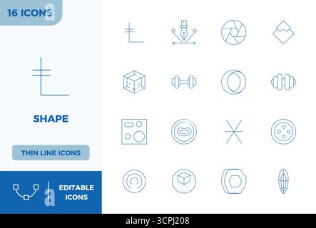 Sophisticated bundle of 16 Minimal Line vector icons for Shape, engineered with 128x128 PIXEL perfect clarity for professional applications. Stock Vector