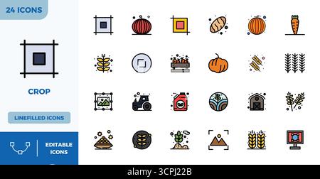 Download 24 scalable Flat Lineal Color vector icons designed for Crop, featuring PIXEL perfect 128x128 resolution suitable for professional and creati Stock Vector